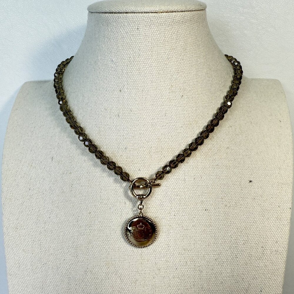 Juicy Couture Logo Charm‎ Necklace Cut Glass Beads Toggle Clasp Silver-Tone